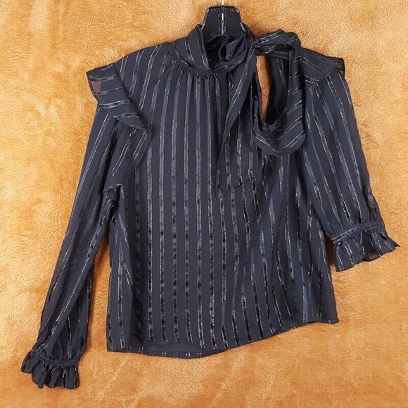 INTERMIX Womens Top Size 0 Black One Shoulder Tie Neck Stripe Bow Silk 4 DAWN - Picture 2 of 9